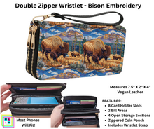 Load image into Gallery viewer, Bison Embroidery Friends Double Zipper Wristlet
