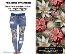 Load image into Gallery viewer, Poinsettia Ornaments Faux Denim Full Length Peekaboo Leggings
