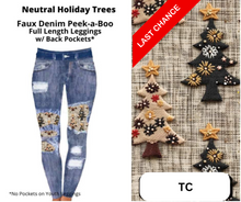 Load image into Gallery viewer, Neutral Holiday Trees Faux Denim Full Length Peekaboo Leggings
