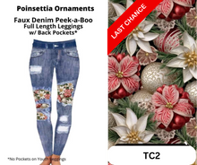 Load image into Gallery viewer, Poinsettia Ornaments Faux Denim Full Length Peekaboo Leggings
