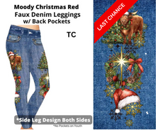 Load image into Gallery viewer, Moody Christmas Red Full Length Faux Denim w/ Side Leg Designs
